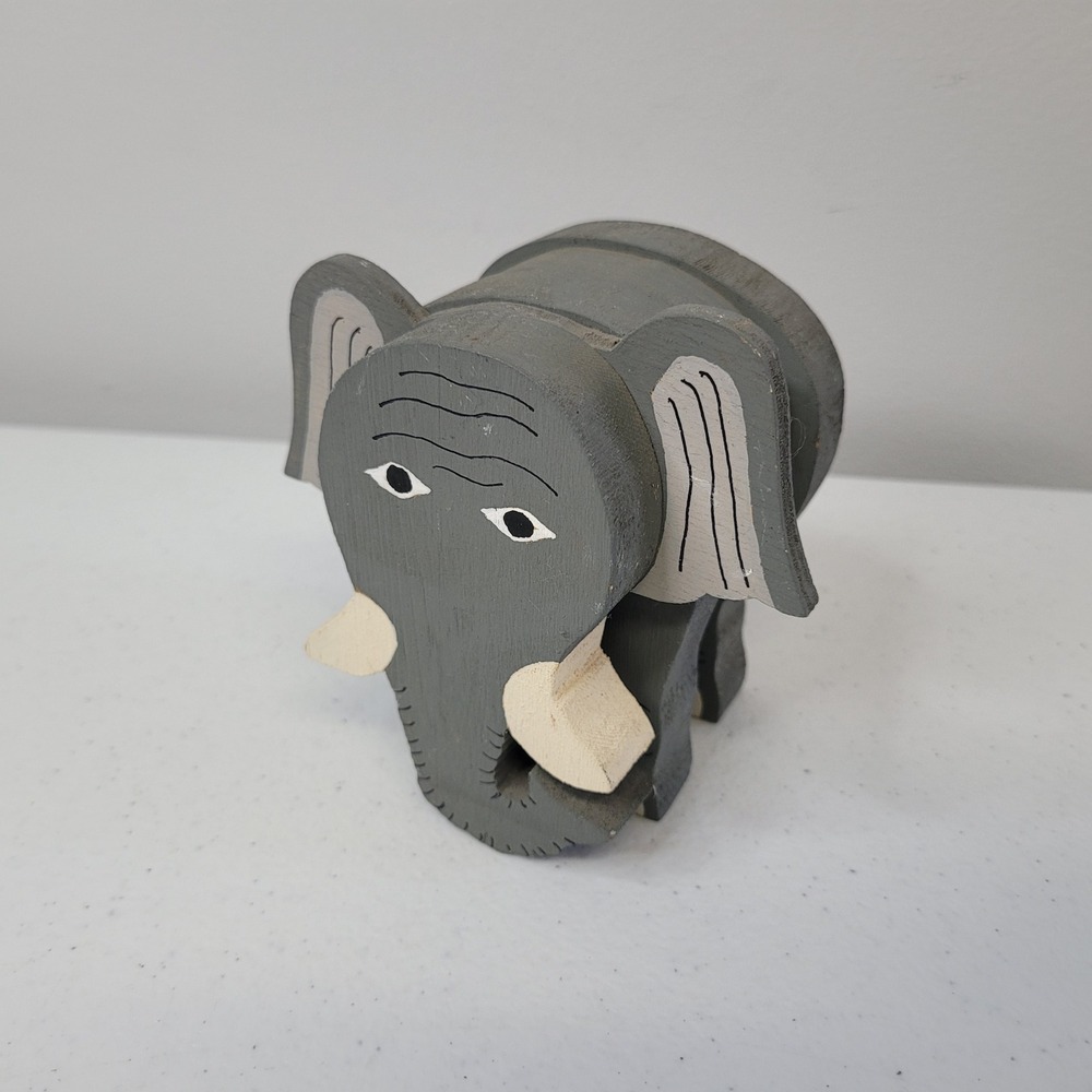 Vintage Hand Painted Wooden‎ Elephant Figurine Gray Animal Decor 4 Inch